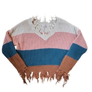 Love Tree Distressed Colorblock Chunky Knit Crop Sweater V-Neck Boho Pink Teal S